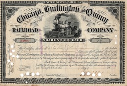 Titre De Bourse Made In USA - Chicago, Burlington And Quincy Railroad Co. Titre De 10 Actions De 100$ Chacune - Illinois - Chemin De Fer & Tramway