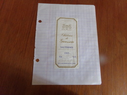 Etiquette De Vin Collée Sur Papier " Chateau De Gaussen " Sauternes 1995 - Autres & Non Classés