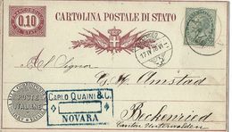 INTERO REGNO  SERVIZIO DI STATO 10 CENT + 5 1878 NOVARA X ESTERO - Entero Postal