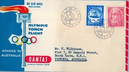 1956 , GRECIA , ATENAS - VICTORIA , OLYMPIC TORCH FLIGHT , QANTAS , LLEGADA AL DORSO , JUEGOS OLIMPICOS - Storia Postale