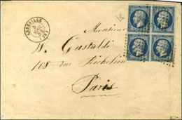 PC 1 / N° 15 Bloc De 4 Superbes Marges Càd T 15 ABBEVILLE (76) Sur Lettre 3 Ports Pour Paris. Rarissime Bloc De 4 Du 25c - 1853-1860 Napoléon III