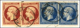 Càd GENOVA 4 DEC. 57 / N° 14 (2) Bleu Foncé + 17 (2) Superbe Nuance Sur Fragment De Lettre. - SUP. - R. - 1853-1860 Napoleone III