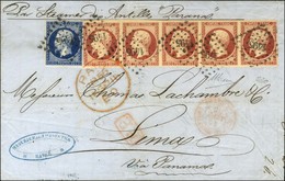 PC 1495 / N° 14 Bleu Très Foncé + 17 Bande De 5 Càd Rouge Du Bureau Maritime Du Havre Sur Lettre Pour Lima. Au Recto, Cà - 1853-1860 Napoléon III