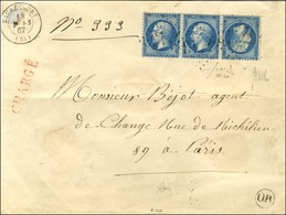 GC 4113 / N° 22 Bande De 3 Avec Tête-bêche Càd T 15 VAUBECOURT (53) Sur Lettre Chargée Pour Paris. 1867. Exceptionnel Us - 1862 Napoléon III