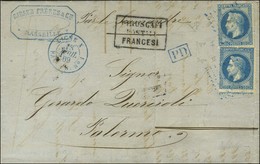 Ancre Bleue / N° 29 + 29A (variété De Dentelure) Càd Bleu LIGNE X / PAQ.FR. N° 1 Sur Lettre De Marseille Pour Palerme. 1 - 1863-1870 Napoléon III. Laure