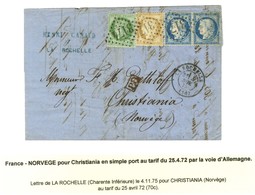 GC 3174 / N° 53 + 55 + 60 Paire Càd T 17 LA ROCHELLE (16) Sur Lettre Pour Christiania (Norvège) Par La Voie D'Allemagne. - 1871-1875 Ceres