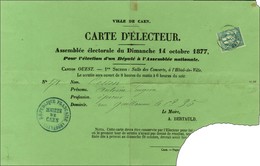 Càd T 17 CAEN (13) / N° 61 Seul Sur Carte D'électeur (angle Inférieur Droit Déchirée Réglementairement). 1877. Exception - 1876-1878 Sage (Type I)