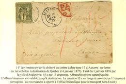 Càd T 17 AUXERRE (83) / N° 72 (pd) Sur Lettre Pour Le Québec, Taxe 15c En Rouge. 1877. - TB. - R. - 1876-1878 Sage (Type I)