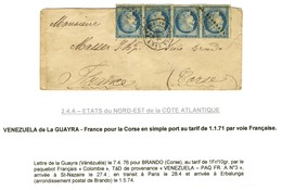 Ancre / N° 60 Bande De 4 (pli) Càd Octo VENEZUELA / PAQ. FR N° 3 Sur Lettre Pour La Corse. 1876. - TB. - R. - Posta Marittima