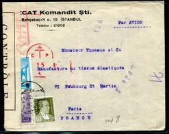 TURQUIE - N° 817 + 964 + 1011  / LETTRE AVION D'ISTANBUOL LE 1/12/1944 POUR PARIS AVEC CENSURE FFL - TB - Storia Postale