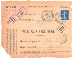 St JEAN D'ANGELY Charente Inf Valeur à Recouvrer N° 1488 Yv 140 Semeuse 25c Bleu Tarif 1 5 10 Dest Etaules Ob 1913  Reco - Lettres & Documents