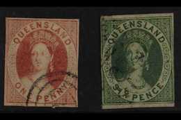 QUEENSLAND  1860 1d Carmine- Red & 6d Green Imperfs, SG 1 & 3, Used With Small Margins, Possibly Trimmed Perforated Stam - Sonstige & Ohne Zuordnung