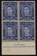 1937-49  3d Bright Blue (Die III), Perf 15 X 14, SG 186, ASH IMPRINT BLOCK OF FOUR, Very Fine Mint (lower Pair Never Hin - Other & Unclassified