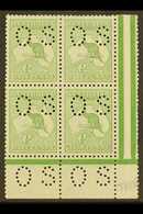 OFFICIALS  1913 ½d Pale Green, Punctured "O S" (smaller Letters, SG Type O2), Corner Marginal Block Of 4, SG O16, Very F - Sonstige & Ohne Zuordnung