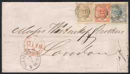 1870  (27 Mar) Envelope To London Bearing A Spectacular Three - Colour Franking Of The 1864-70 2sk Blue, 4sk Vermilion & - Otros & Sin Clasificación