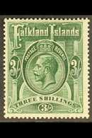 1921-28  3s Slate Green, Script Wmk, SG 80, Fine Mint For More Images, Please Visit Http://www.sandafayre.com/itemdetail - Falkland Islands