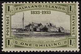 1933  1s Black And Olive-green Centenary "Government House - Stanley", SG 134, Fine Mint. For More Images, Please Visit  - Falklandeilanden