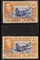 1938-50  KGVI 5s Blue & Chestnut, SG 161 & 5s Indigo & Pale Yellow Brown, SG 161b, Very Fine, Cds Used (2 Stamps) For Mo - Falklandeilanden