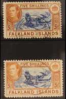 1938-50  KGVI 5s Blue & Chestnut, SG 161 & 5s Indigo & Pale Yellow Brown, SG 161b, Very Fine, Cds Used (2 Stamps) For Mo - Falkland Islands