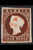 1869-72  4d Brown, No Wmk, Imperf, SG 1, 4 Clear To Wide Margins & Light Red Cds Cancel, Very Fine Used For More Images, - Gambia (...-1964)