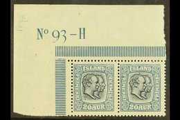 1914-18  20a Blue Kings (SG 115, Michel 82, Facit 97), Never Hinged Mint Top Left Corner Horiz PAIR With PLATE NUMBER 'N - Andere & Zonder Classificatie