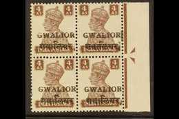 GWALIOR  1949 4a Brown Overprint, SG 134, Never Hinged Mint Right Marginal 'Arrow' BLOCK OF 4, Showing Guide Blocks On T - Other & Unclassified