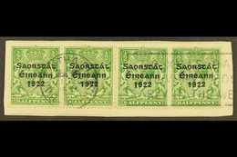 1923 HARRISON  ½d Green Coil Stamp, A Horizontal Strip Of Four With Two Showing Long "1", SG 67a, On A Piece Tied By Nea - Otros & Sin Clasificación
