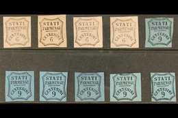 PARMA  NEWSPAPER STAMPS - 1853 - 7 Unissued 6c Black On Pale Rose (4) And 9c Blue (3) And Pale Blue (3) Including "CFN"  - Ohne Zuordnung