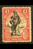 1922-26  £1 Black And Carmine-red, Watermark Sideways, SG 139, Fine Mint. For More Images, Please Visit Http://www.sanda - Malta (...-1964)