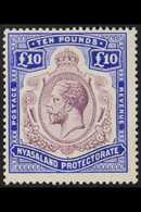 1913-21  £10 Purple And Royal Blue With BREAK IN SCROLL, SG 99ea, Mint With Lovely Bright Fresh Appearance, The Gum With - Nyassaland (1907-1953)