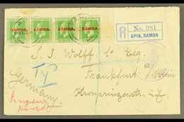 1922  (4 May) Registered Cover To Germany Bearing KGV ½d Strip Of Four, Tied By Apia Cds's; Endorsed "Irregularly Posted - Samoa (Staat)