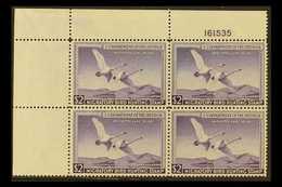 REVENUE - "DUCK" STAMPS  1950 $2 Violet, Scott RW17, Very Fine NEVER HINGED MINT CORNER BLOCK OF FOUR With Plate Number. - Sonstige & Ohne Zuordnung