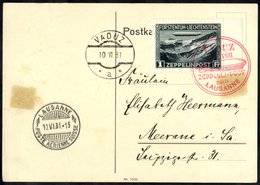 1931 Lausanne Flight - Liechtenstein Acceptance Card To Meerane, Franked 1fr Zeppelin, Tied Red Illustrated Vaduz Flight - Other & Unclassified