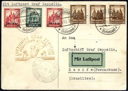 1932 Third South America Flight Card To Recife, Franked Three 50pf 1931 Nothilfe + Later 1932 Surcharged Pair Cancelled  - Sonstige & Ohne Zuordnung