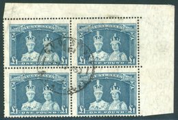 1938 £1 Bluish Slate On Thin Rough Ordinary Paper, Corner Marginal Block Of Four, VFU (T/L Stamp With Small Corner Creas - Sonstige & Ohne Zuordnung