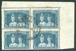1938 £1 Bluish Slate On Thin Rough Ordinary Paper, Corner Marginal Block Of Four, VFU (T/L Stamp With Small Corner Creas - Autres & Non Classés