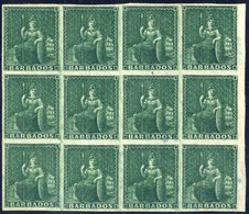 1852 (Apr) - 1855 No Wmk Imperf On Blued Paper (½d) Deep Green Block Of Twelve (4x3) Large Part O.g With Centre Row UM,  - Other & Unclassified