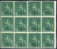 1852 (Apr) - 1855 No Wmk Imperf On Blued Paper (½d) Deep Green Block Of Twelve (4x3) Large Part O.g With Centre Row UM,  - Autres & Non Classés