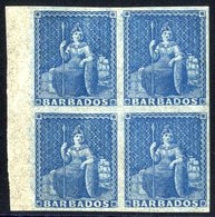 1852-55 (1d ) Blue On Blued, Left Side Marginal Block Of Four, Large Part O.g. Minor Gum Faults But Very Fine Appearance - Autres & Non Classés