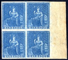 1852-55 (1d) Blue On Blued, Right Side Marginal Block Of Four With Large Margins & Full O.g, Toning In Sheet Margin. Ver - Other & Unclassified