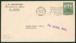 1922 March 14th Cotton Flight Cover St. John's - Bonavista, Franked 1c Caribou (fault), Per Airmail Cachet & Bonavista B - Autres & Non Classés