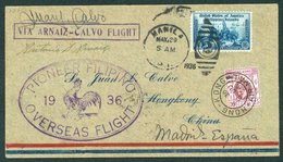 1936 May 29th Arnaiz And Calvo First Flight Cover From Manila - Hong Kong - Madrid, Franked Philippine & Hong Kong Adhes - Sonstige & Ohne Zuordnung