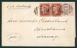 NEWCASTLE UPON TYNE RAILWAY 1875 Cover To Norway Via Ostend Franked 1d Plate 200 (pair) & 2½d Mauve Pl.2, Each Cancelled - Sonstige & Ohne Zuordnung