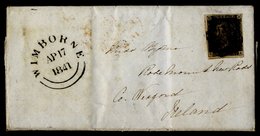 1841 Apr 17th Cover From Wimborne To Co. Wexford, Ireland Franked 1d Grey Black Plate 11, Left S.A. (roller Flaw In NE C - Autres & Non Classés