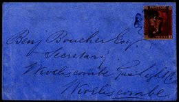 1858 1d Rose Red E1 Large Crown Pl.14 (SG.40), On An Envelope From Watchet To Wiveliscombe, Well Tied With A Black Malte - Autres & Non Classés