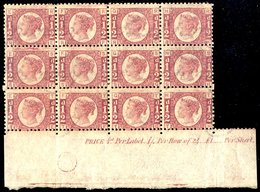 1870 ½d Rose Plate 19 Lower Marginal M Block Of Twelve With Full O.g (all Are UM), Showing Marginal Inscription 'Price ½ - Autres & Non Classés