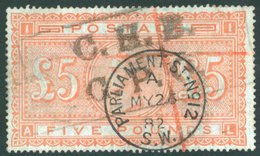 1882 £5 Orange On Blued Paper, Good U Example With Boxed Cancel & 'Parliament St. May.26.82' C.d.s, SG.133. Scarce. - Sonstige & Ohne Zuordnung