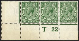 1912 ½d Deep Cobalt Green Corner Marginal Control 'T22 P' Strip Of Three Centre Stamp Hinged, Others UM, First With Tone - Sonstige & Ohne Zuordnung