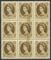1958 Multiple Crowns 1s Bistre Brown UM BLOCK OF NINE Showing Variety Of Doctor Blade Flaw, Affecting Three Central Stam - Other & Unclassified