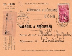 Valeur à Recouvrer : Bone Pour  Mondovi Devant De Lettre - Storia Postale